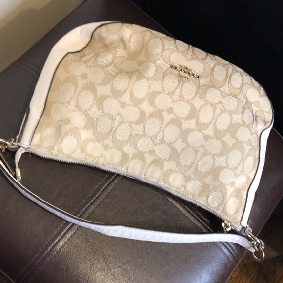 COACH Ivory Neutral C Logo Fabric Top Handle Top Zipper Leather Trim Bag - Picture 9 of 15